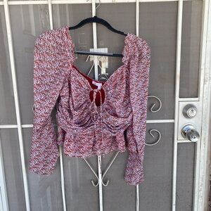 Floral Tie-Front Long Sleeve Crop Top - Red orange/White